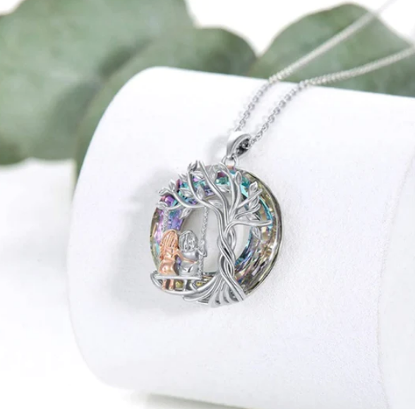 Tree of Life on the Swing Grandma Granddaughter Crystal Pendant Necklace